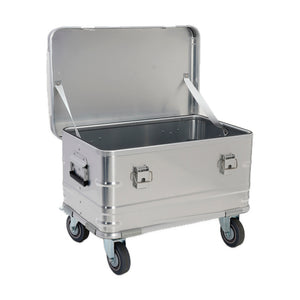 Empty silver aluminum trunk interior with hinged lid and two white lid-support straps
