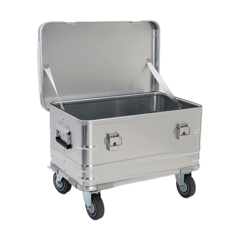 Empty silver aluminum trunk interior with hinged lid and two white lid-support straps