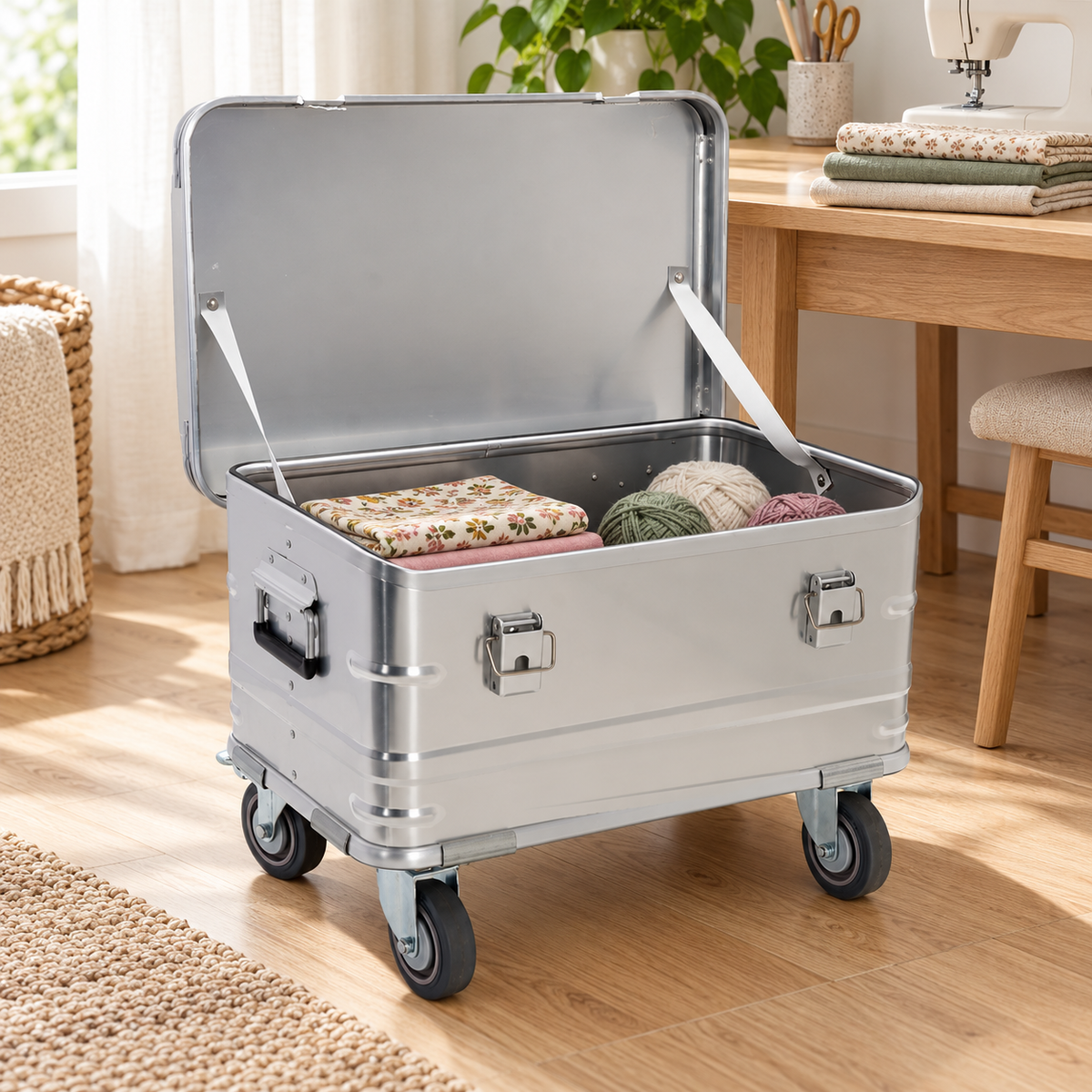 Open silver aluminum rolling trunk beside a sewing table with example fabrics and yarn; contents not included