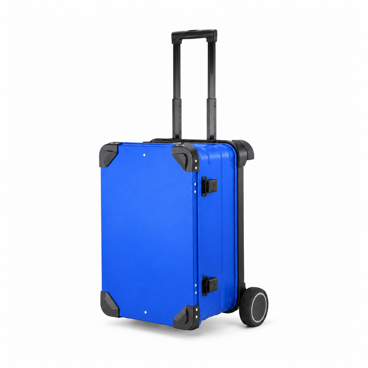 Color-adjusted sapphire blue aluminum case with telescoping handle and the same 5-inch wheel structure