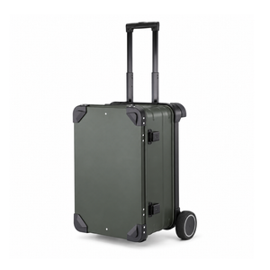 Green aluminum equipment case with extended telescoping handle and 5-inch main wheel