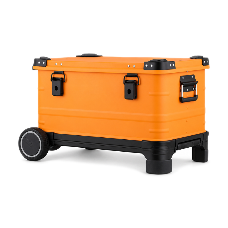 Orange case resting horizontally with latches, side handle, large wheel and support feet