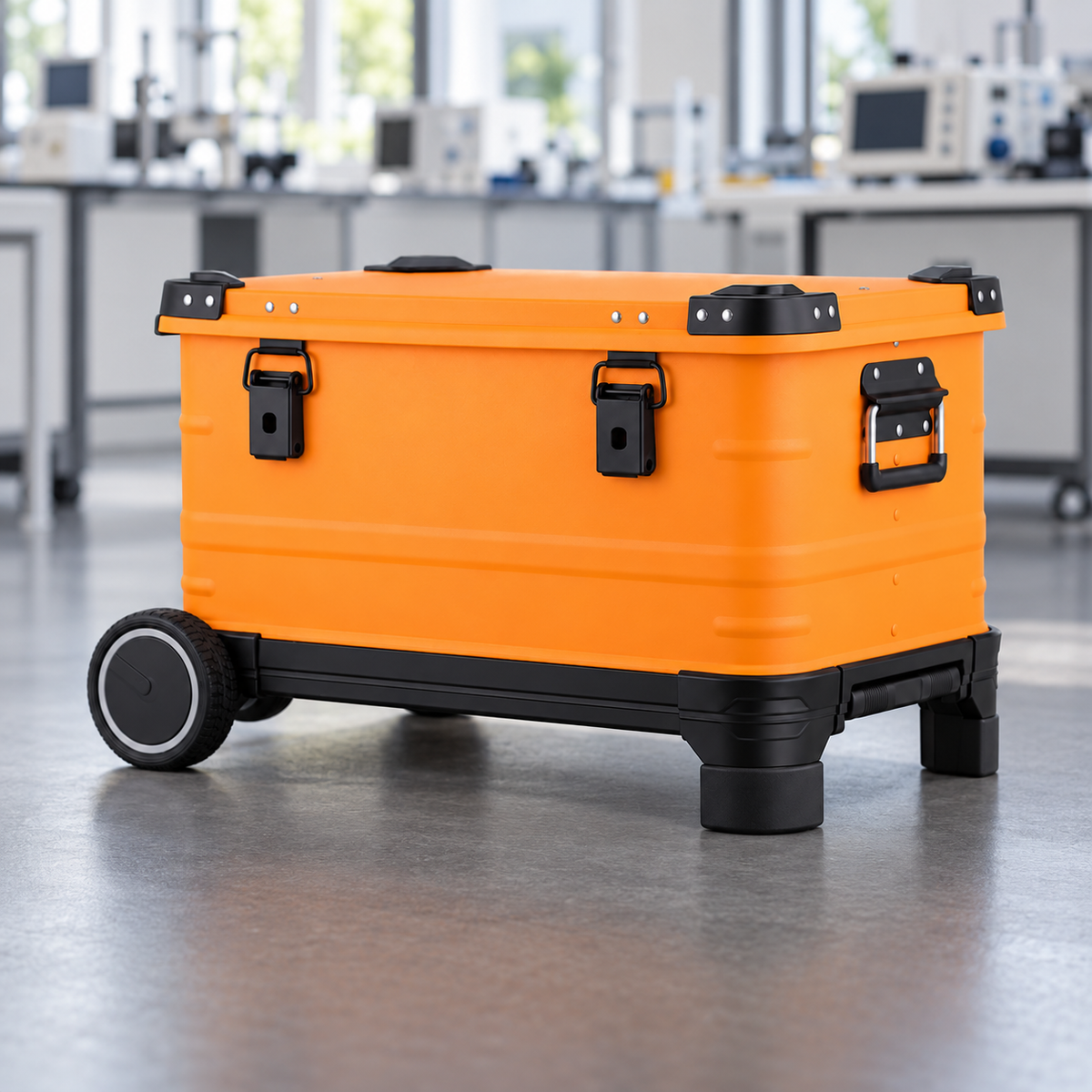 AI-created laboratory scene of an orange aluminum case resting horizontally with its large wheel and feet