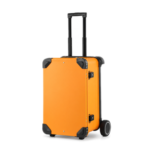 Orange aluminum equipment case with extended telescoping handle and 5-inch main wheel