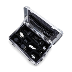 Interior layout reference: silver case with padded dividers and lid document organizer; cameras and lenses not included