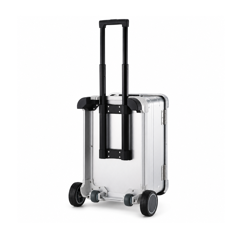 Rear view of silver equipment case showing pull handle rails and large wheel assembly