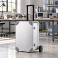 AI-created workshop scene of a silver aluminum equipment case with extended handle and 5-inch main wheel