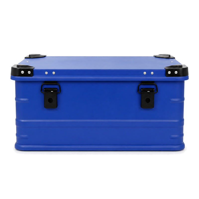 Sapphire blue aluminum equipment case exterior, standard configuration without wheels or trolley handle