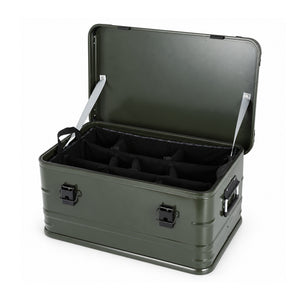 Green aluminum equipment case with padded divider insert installed