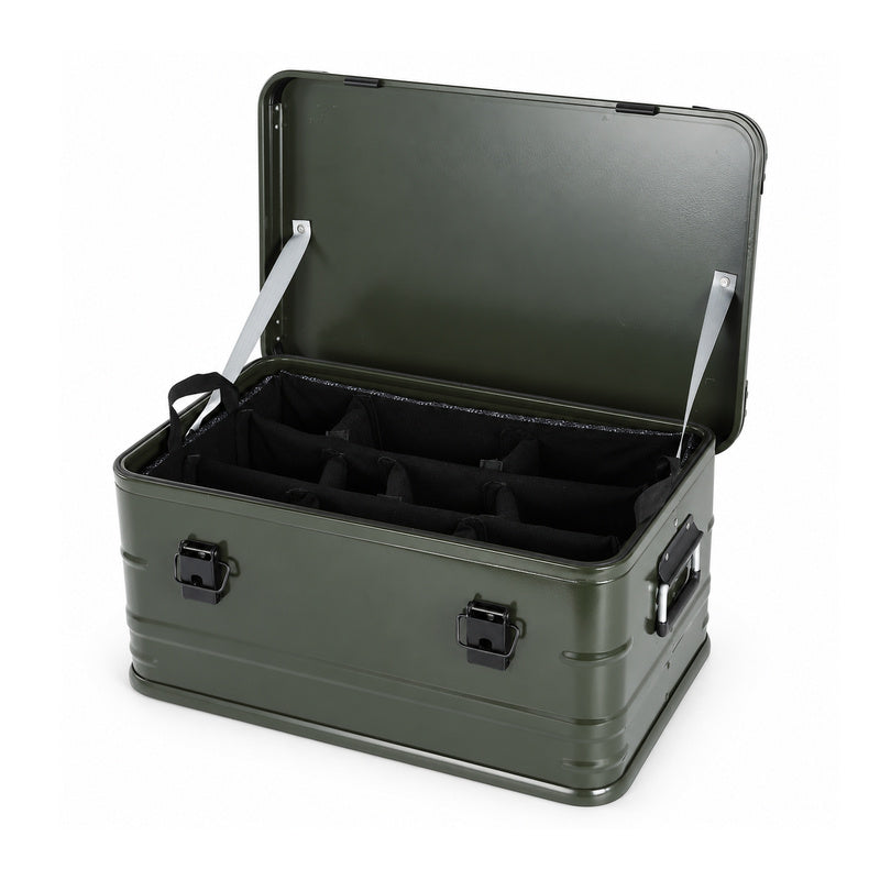 Green aluminum equipment case with padded divider insert installed