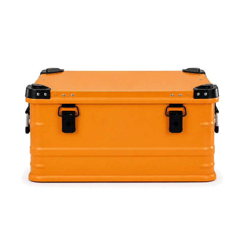 Orange aluminum equipment case exterior, standard configuration without wheels or trolley handle
