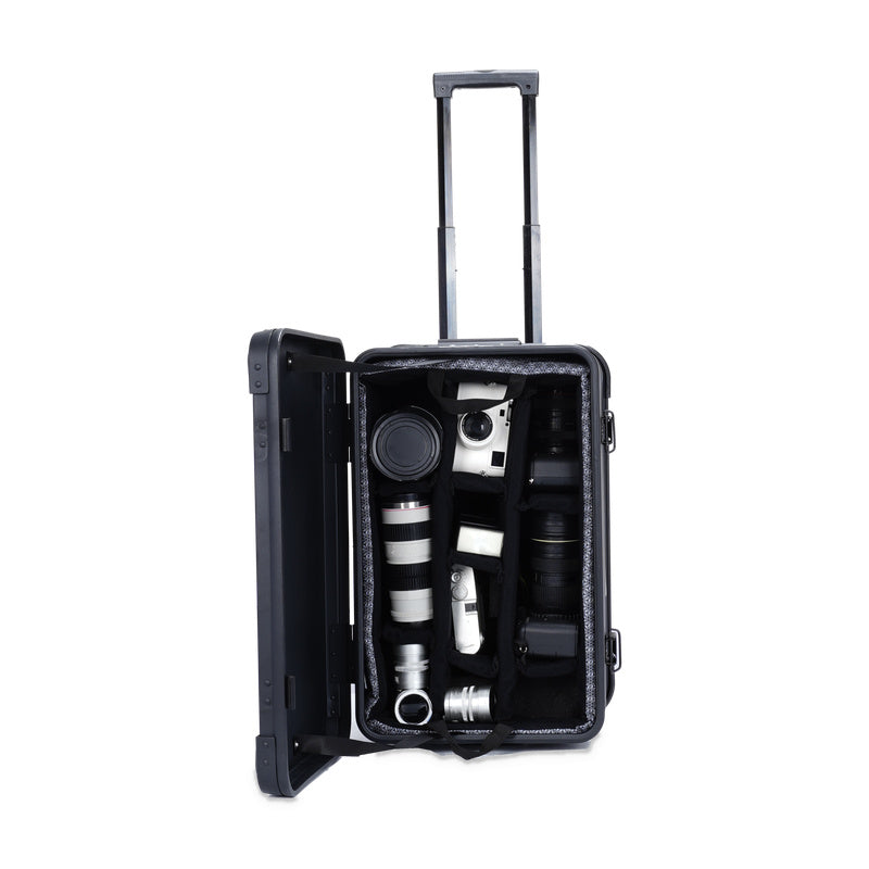 Black rolling equipment case with padded divider insert; cameras and lenses shown are not included