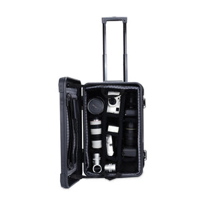 Black rolling equipment case with padded divider insert and lid document organizer; cameras and lenses shown are not included