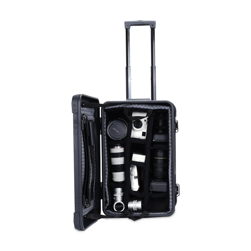 Black rolling equipment case with padded divider insert and lid document organizer; cameras and lenses shown are not included