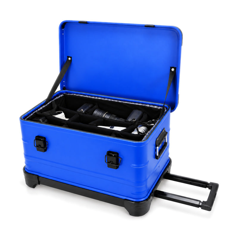 Sapphire blue rolling equipment case with padded divider insert; cameras and lenses shown are not included