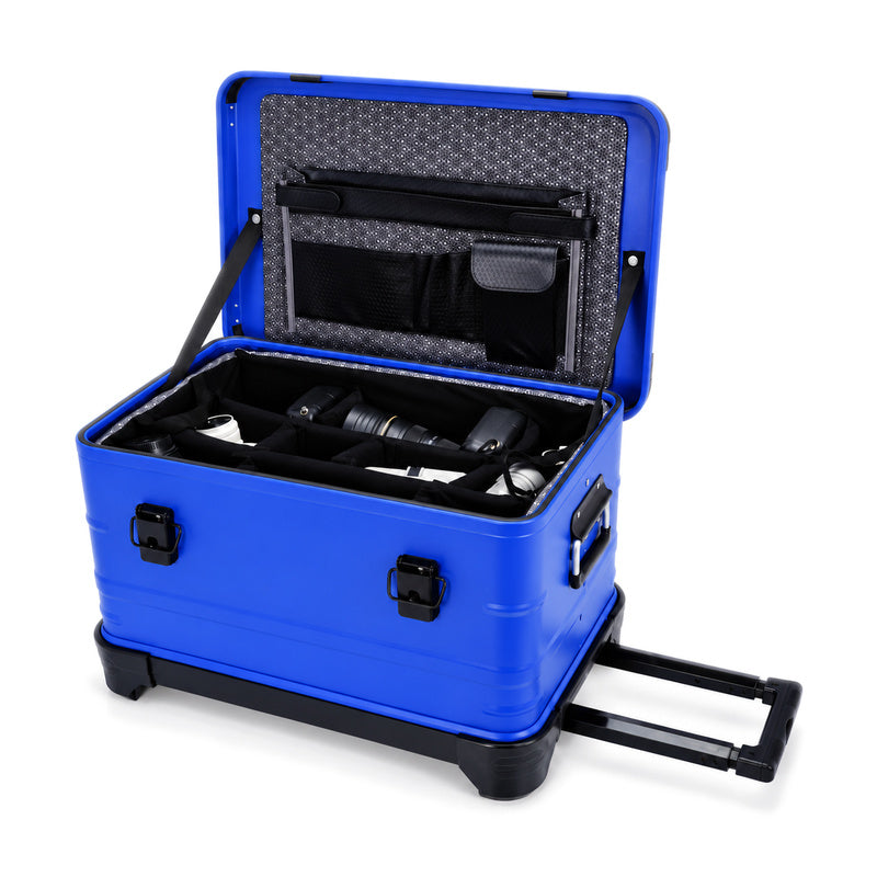 Sapphire blue rolling equipment case with padded divider insert and lid document organizer; cameras and lenses shown are not included