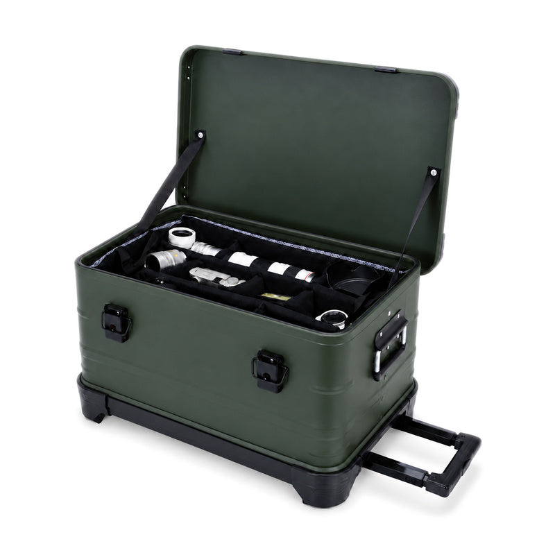 Green rolling equipment case with padded divider insert; cameras and lenses shown are not included