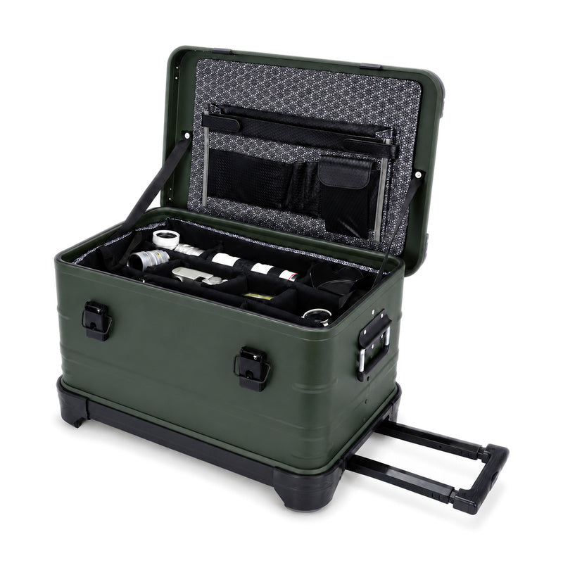 Green rolling equipment case with padded divider insert and lid document organizer; cameras and lenses shown are not included