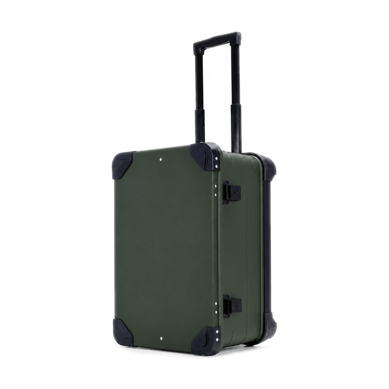 Green aluminum rolling equipment case with extended telescoping handle