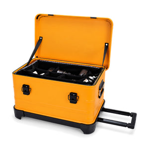Orange rolling equipment case with padded divider insert; cameras and lenses shown are not included