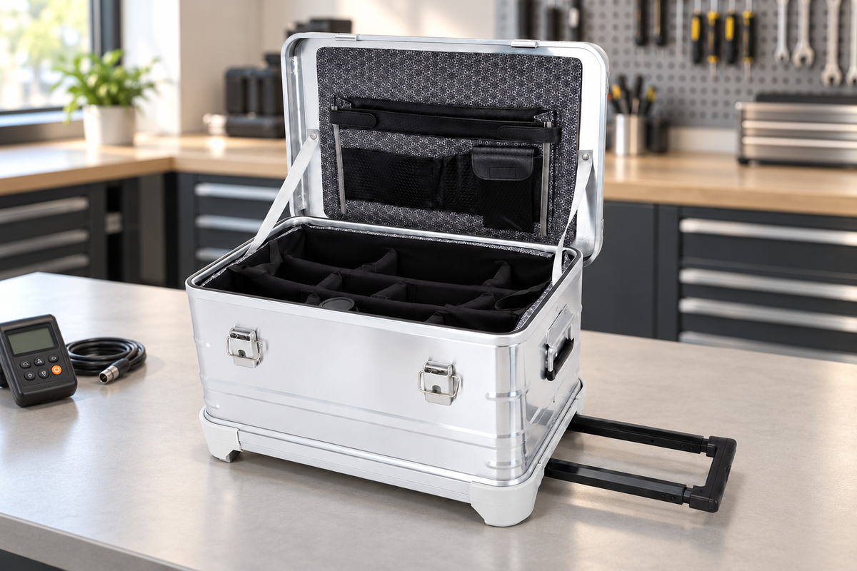 AI-created preparation bench scene of a silver rolling case with padded dividers and lid organizer; props not included