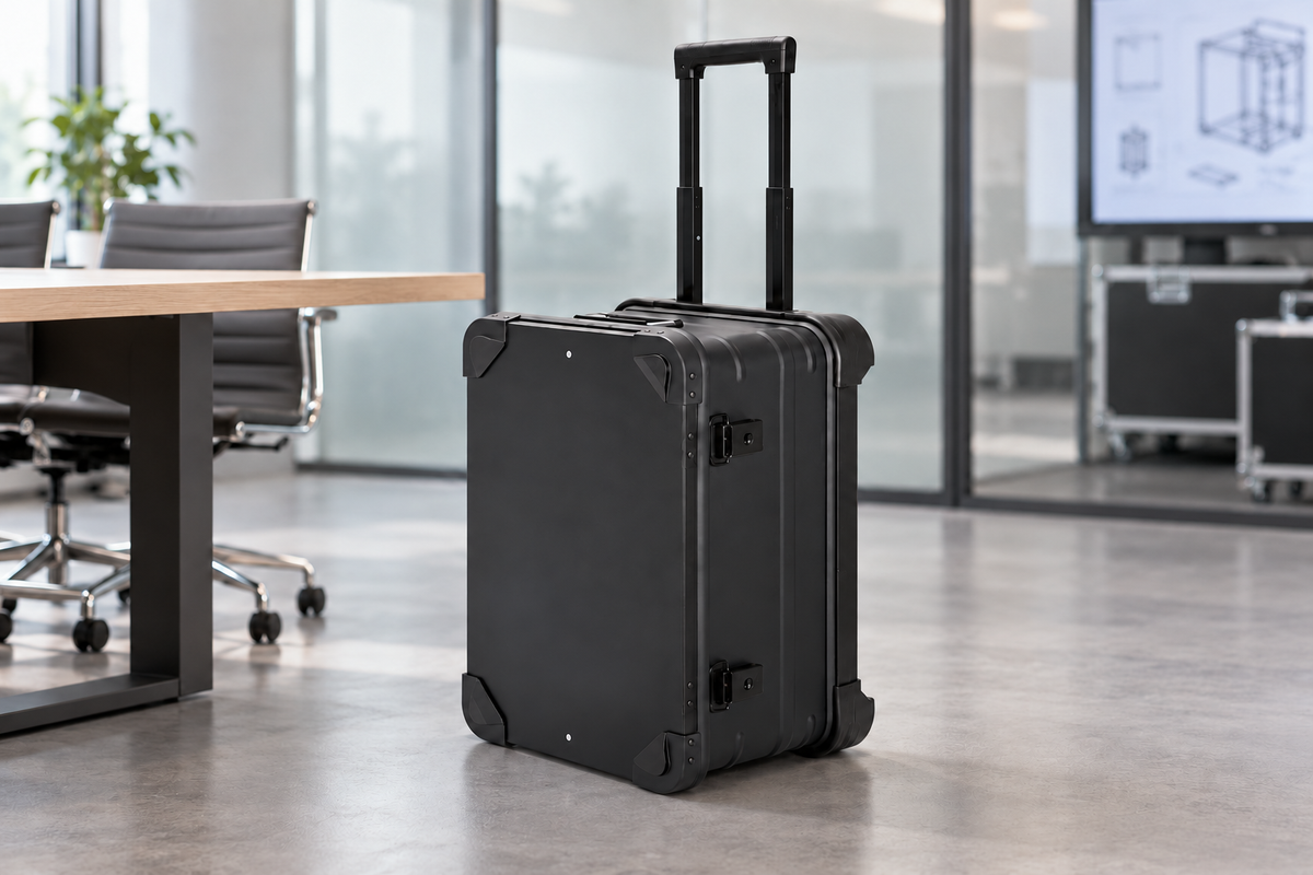 AI-created office scene of a black aluminum rolling equipment case with telescoping handle