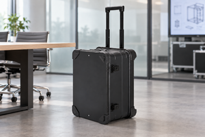 AI-created office scene of a black aluminum rolling equipment case with telescoping handle