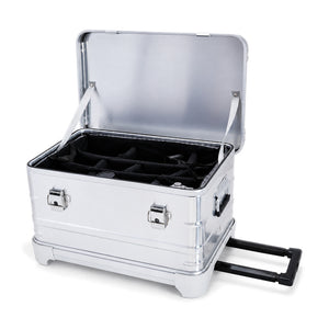 Silver rolling equipment case with padded divider insert; cameras and lenses shown are not included
