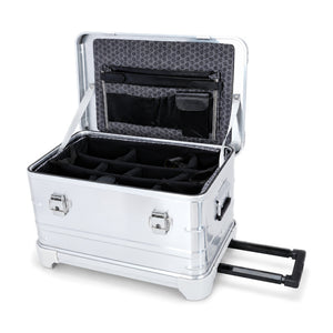 Silver rolling equipment case with padded divider insert and lid document organizer; cameras and lenses shown are not included