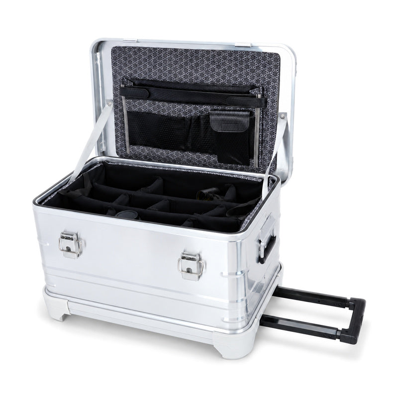 Silver rolling equipment case with padded divider insert and lid document organizer; cameras and lenses shown are not included