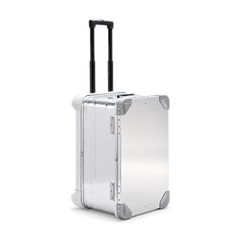 Silver aluminum rolling equipment case with extended telescoping handle