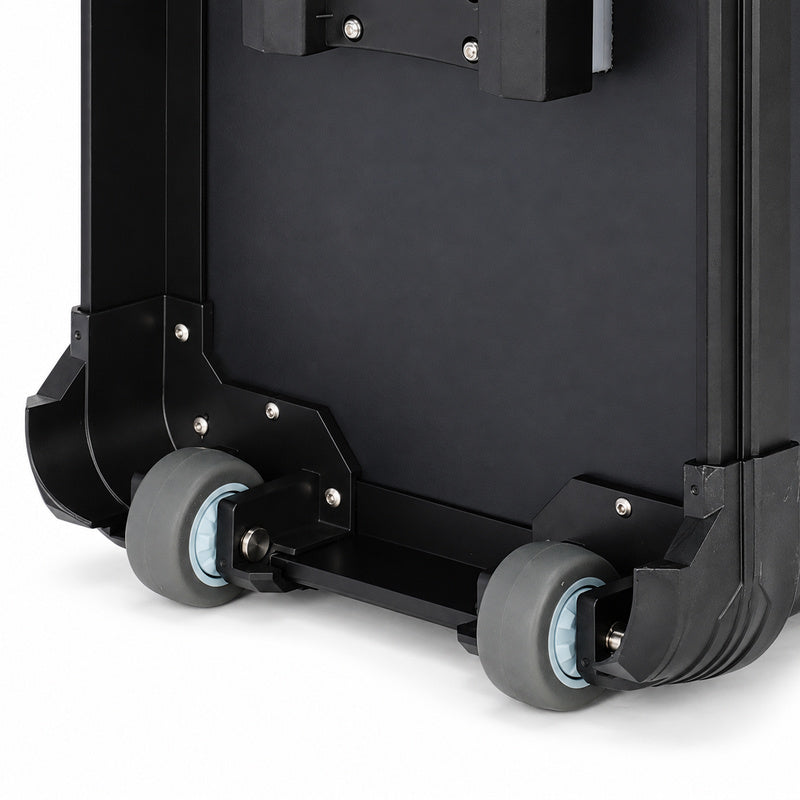 Standard dual-wheel assembly and reinforced base of the black aluminum rolling case