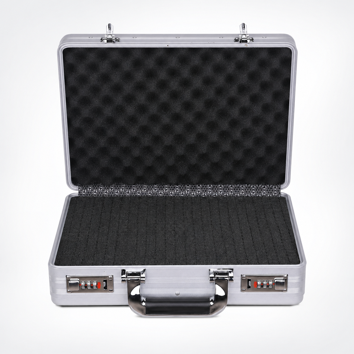 BORY 3650 silver aluminum beauty equipment case with egg-crate lid foam and scored grid base foam