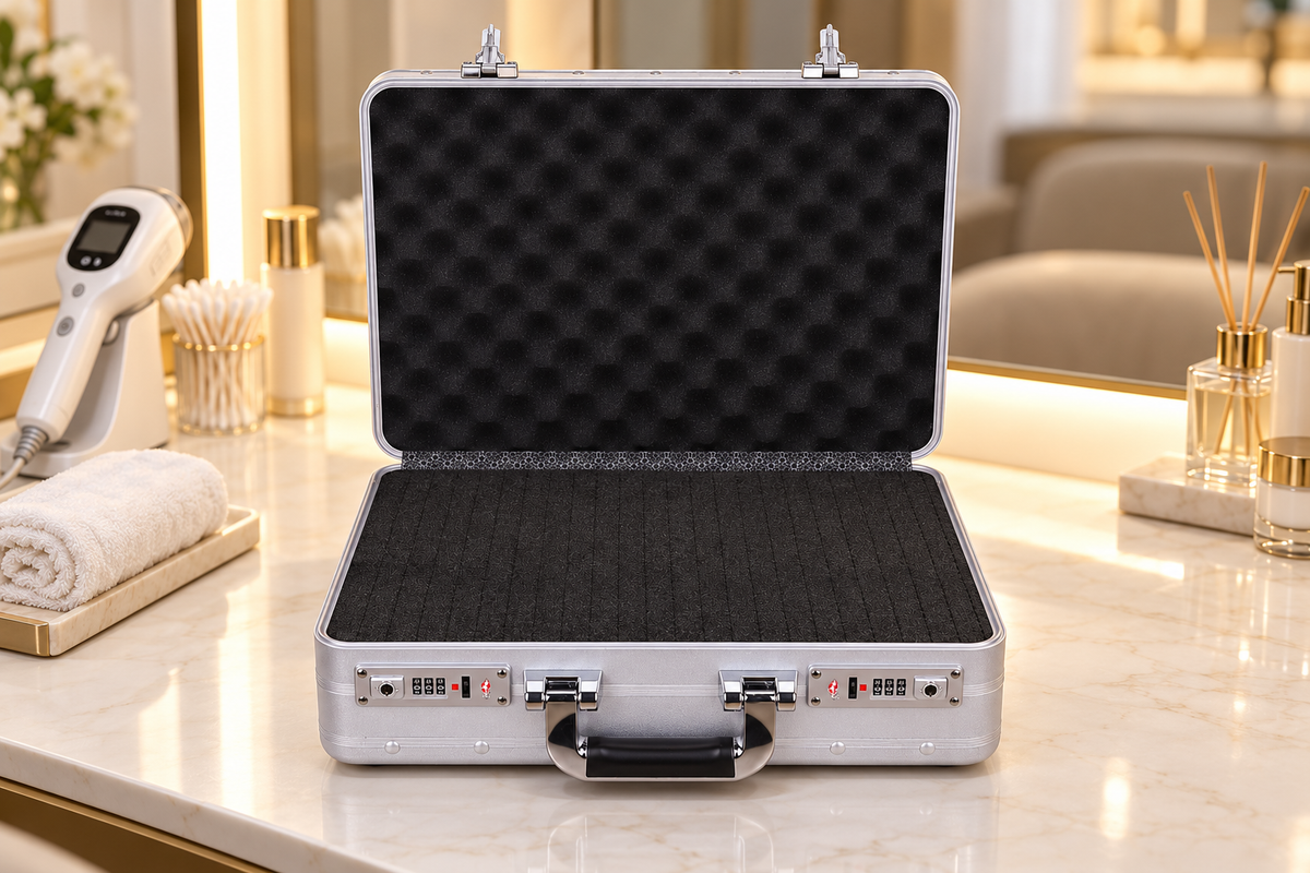 BORY 4380 aluminum beauty equipment case with foam in an AI-created salon setting; skincare device and props not included