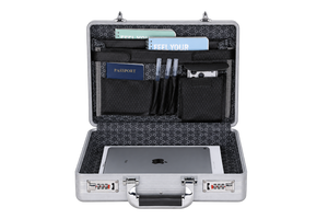 BORY 3650 silver aluminum briefcase with lid document organizer; tablet and stationery shown as props