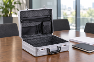 Open BORY deep aluminum briefcase with lid document organizer in an AI-created meeting room setting
