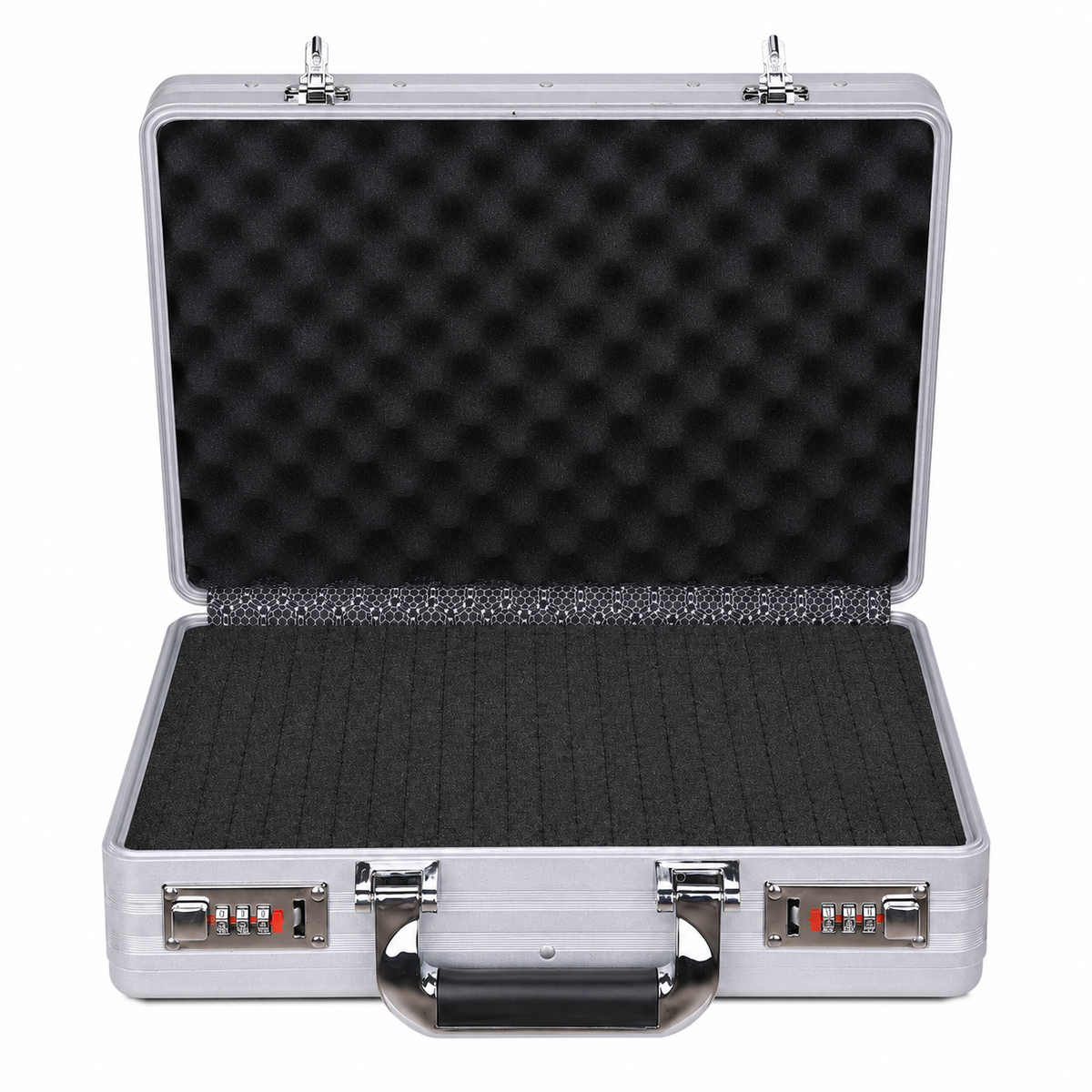 BORY 3650 silver aluminum equipment case with egg-crate lid foam and uncut grid foam base