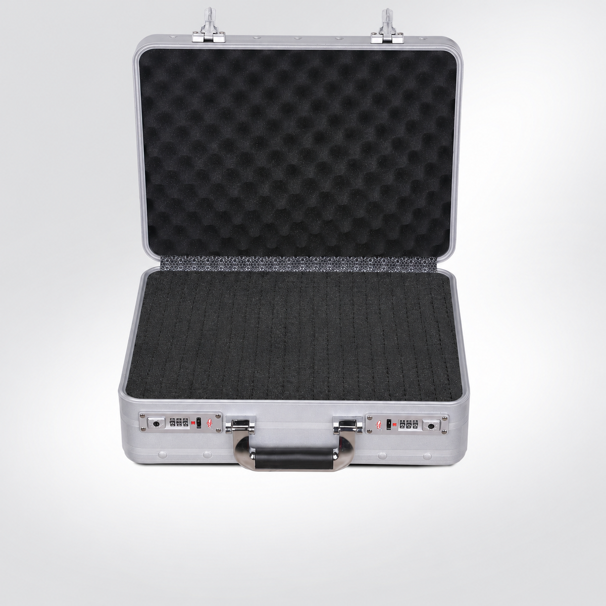 BORY 4080 silver aluminum equipment case with egg-crate lid foam and uncut grid foam base