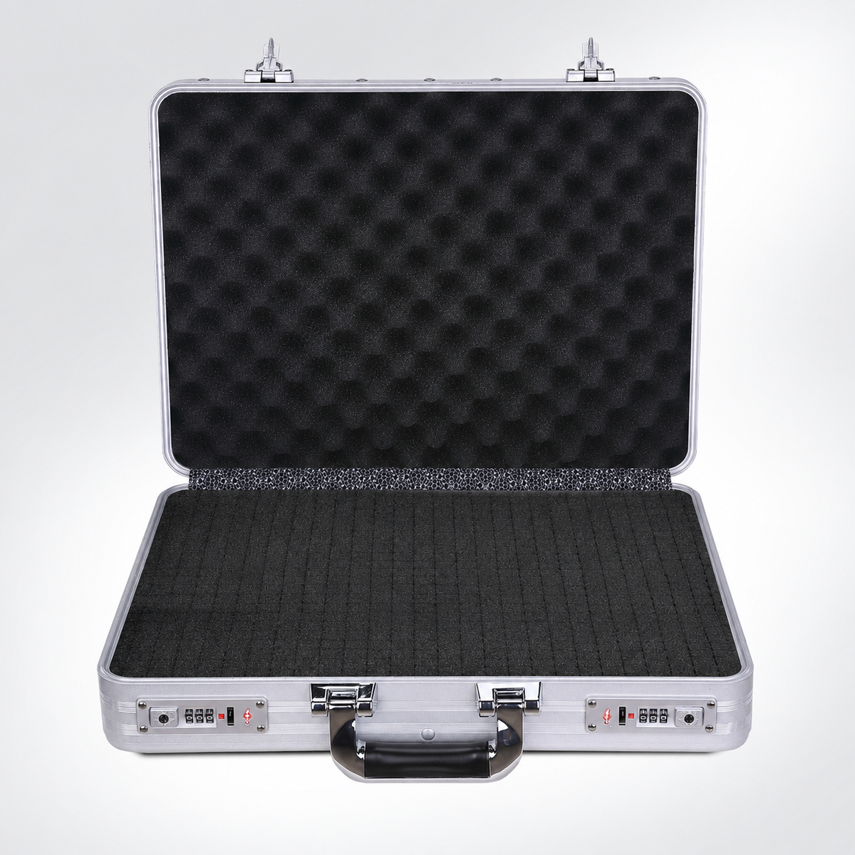 BORY 4850 silver aluminum equipment case with egg-crate lid foam and uncut grid foam base