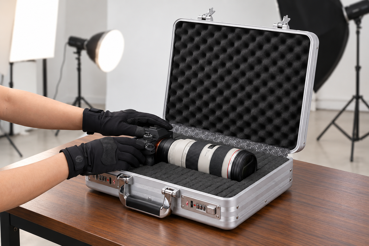 Camera and lens in a custom foam layout inside a silver aluminum case; AI-adapted storage example, camera equipment not included