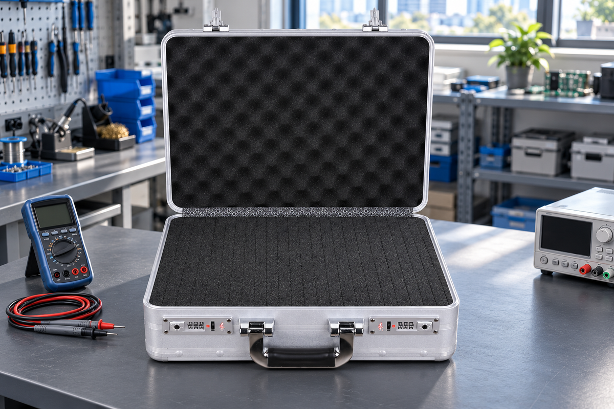 BORY 4380 aluminum equipment case with foam on an AI-created technical workbench; instruments not included