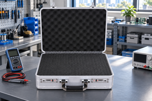 BORY 4380 aluminum equipment case with foam on an AI-created technical workbench; instruments not included