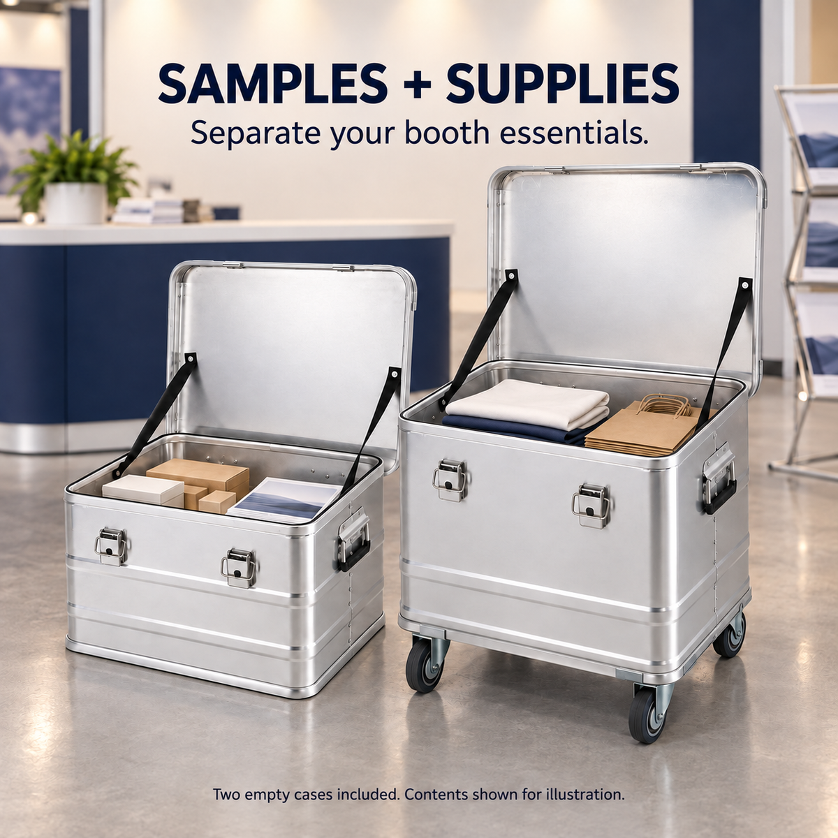 Two open silver aluminum cases at a trade show booth, with sample cartons in the medium case and folded cloths and bags in the taller caster case; contents are illustrative and not included