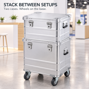 Silver medium aluminum case stacked above the taller silver caster-base case beside an exhibition booth; the set includes both empty cases
