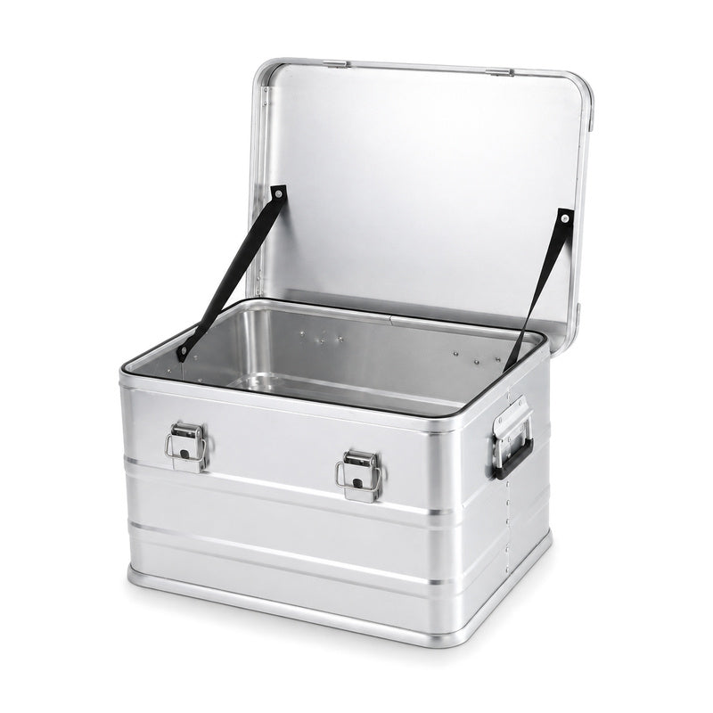 Included silver medium 565030 aluminum case shown open and empty, without wheels, foam or dividers