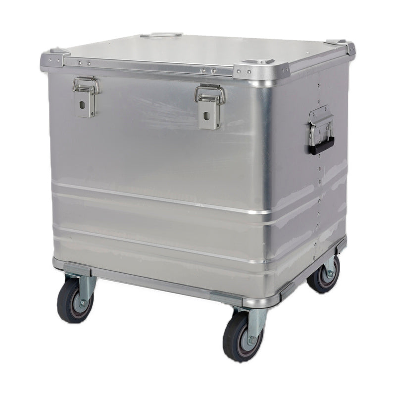 Included silver taller case showing two front latches, side handle, two lower reinforcing rib bands and caster base