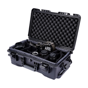 Camera body and lenses arranged in the padded compartments of the black FR1 case; cameras and lenses are not included