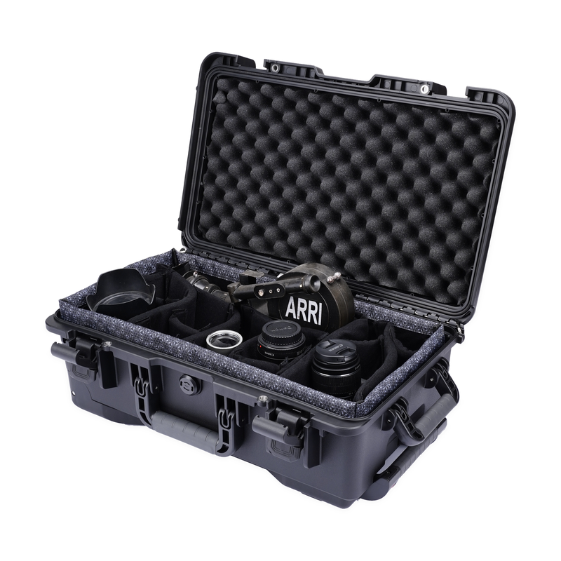 Camera body and lenses arranged in the padded compartments of the black FR1 case; cameras and lenses are not included