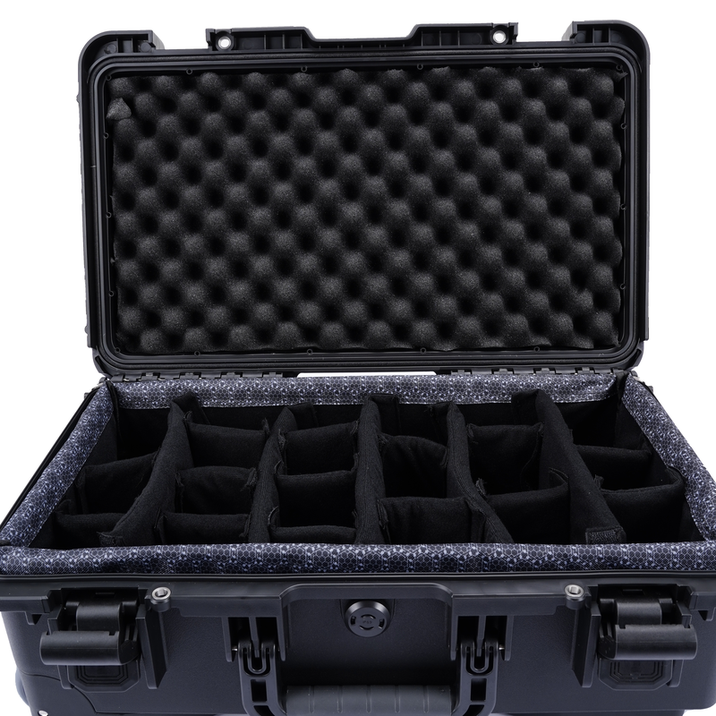 Close-up of the wave foam lid lining and padded divider compartments inside the FR1 camera case