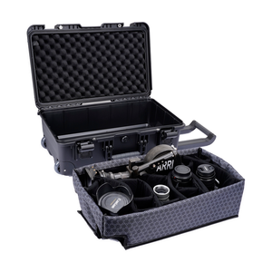 FR1 case with the pull handle extended and a camera-filled divider insert placed beside it; cameras and lenses are not included